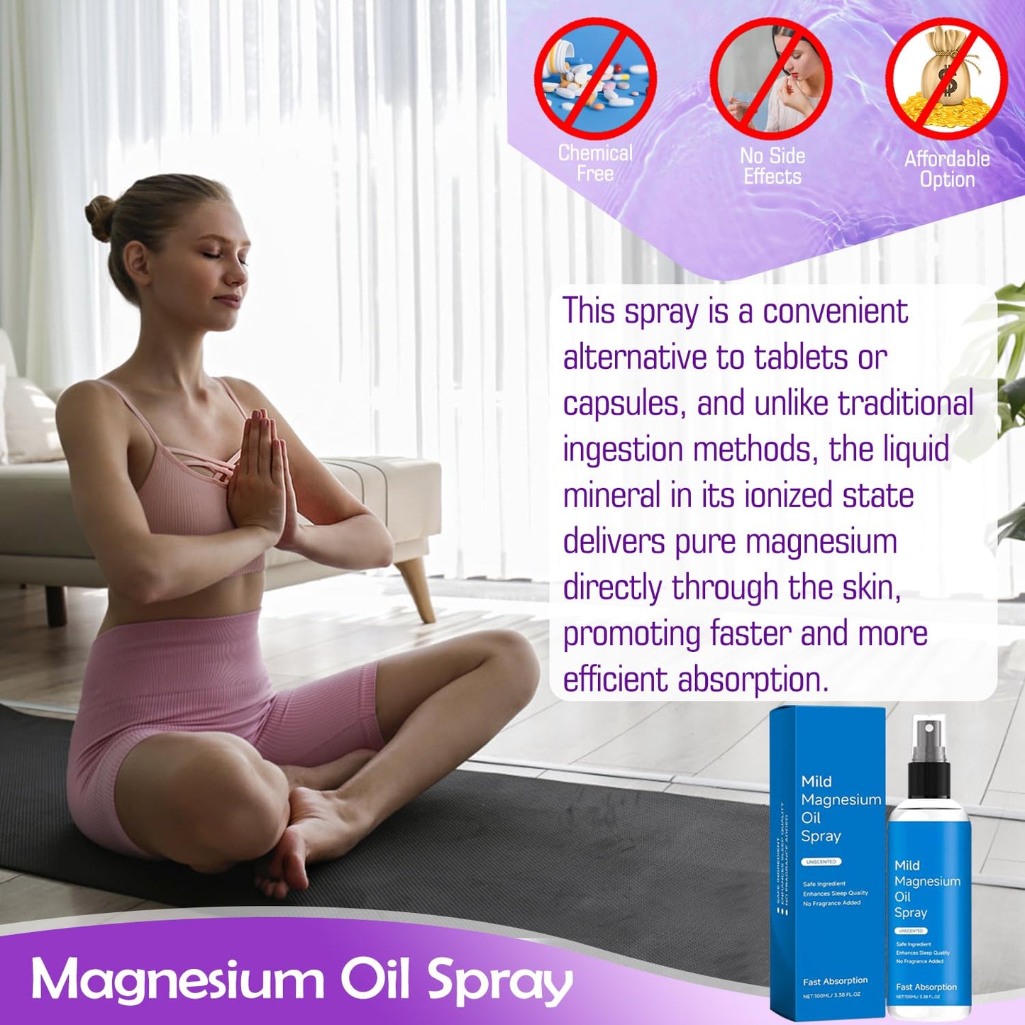Organic Magnesium Oil Spray for Skin, 100% Pure Natural Topical Spray for Feet & Body, Promotes Sleep and Relaxation - 100ml