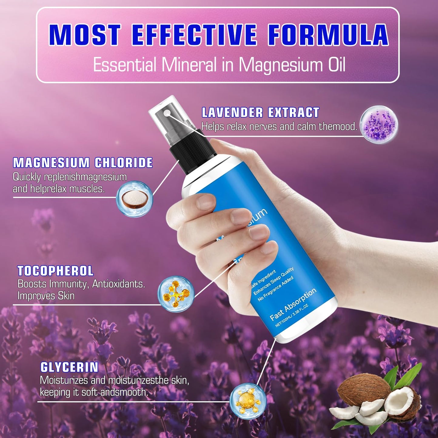 Organic Magnesium Oil Spray for Skin, 100% Pure Natural Topical Spray for Feet & Body, Promotes Sleep and Relaxation - 100ml