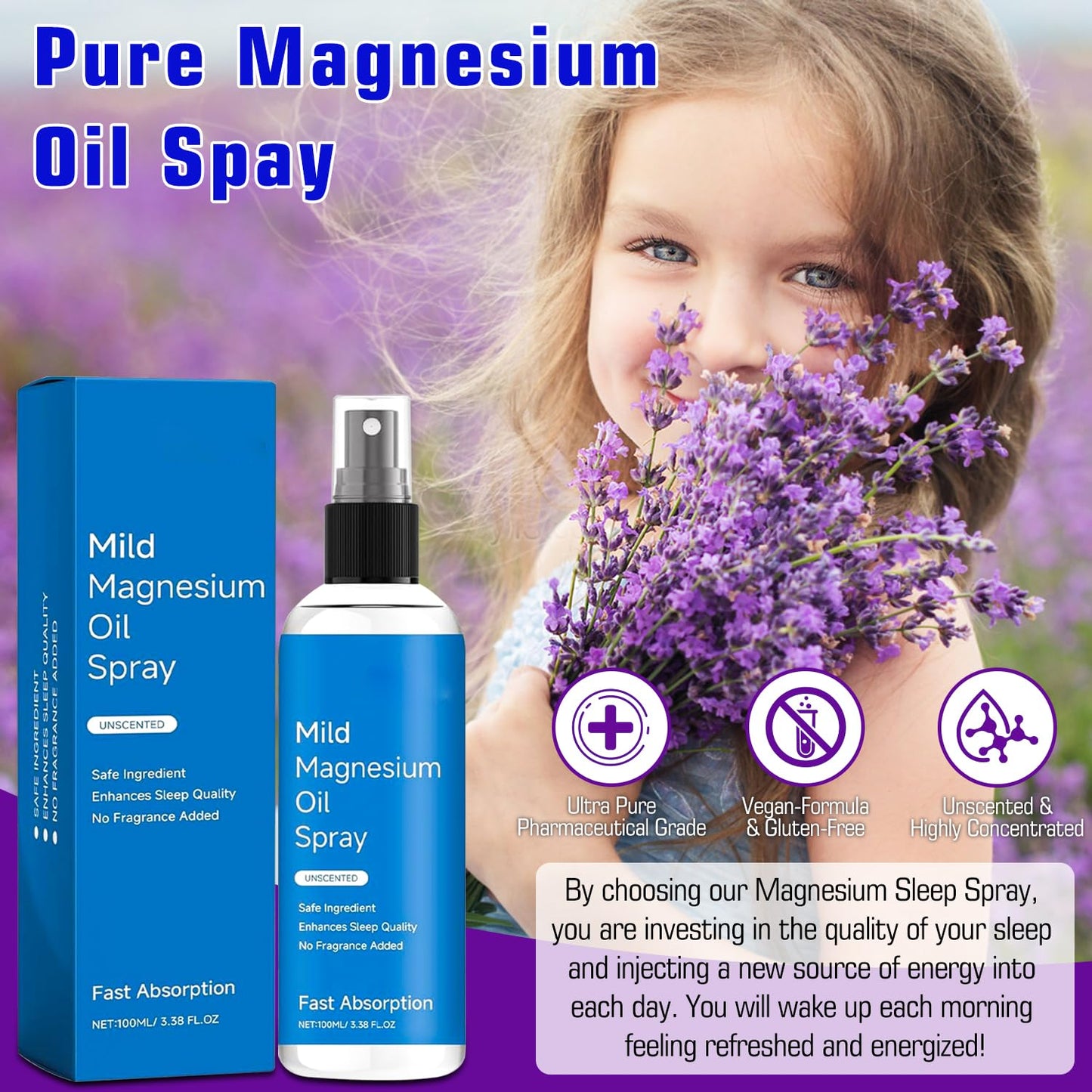 Organic Magnesium Oil Spray for Skin, 100% Pure Natural Topical Spray for Feet & Body, Promotes Sleep and Relaxation - 100ml