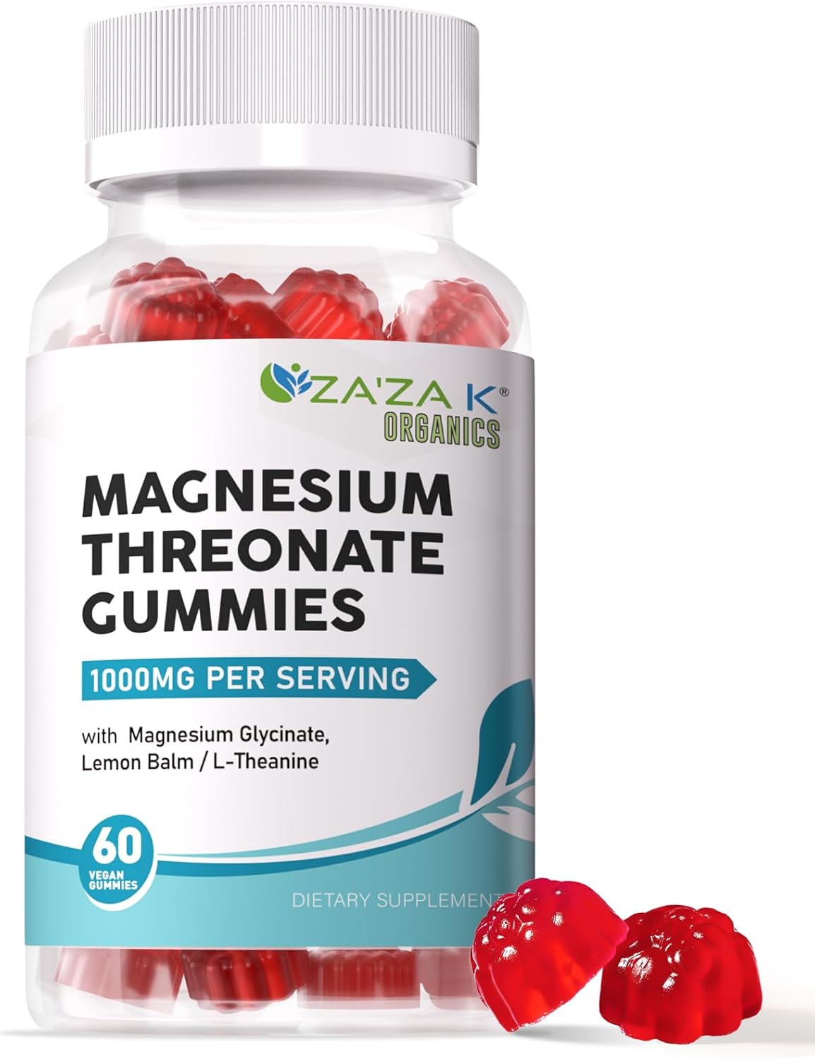Organic Magnesium Threonate Gummies with L-Theanine & Lemon Balm - 500mg, Brain Health Supplement for Kids & Adults - 60 Count