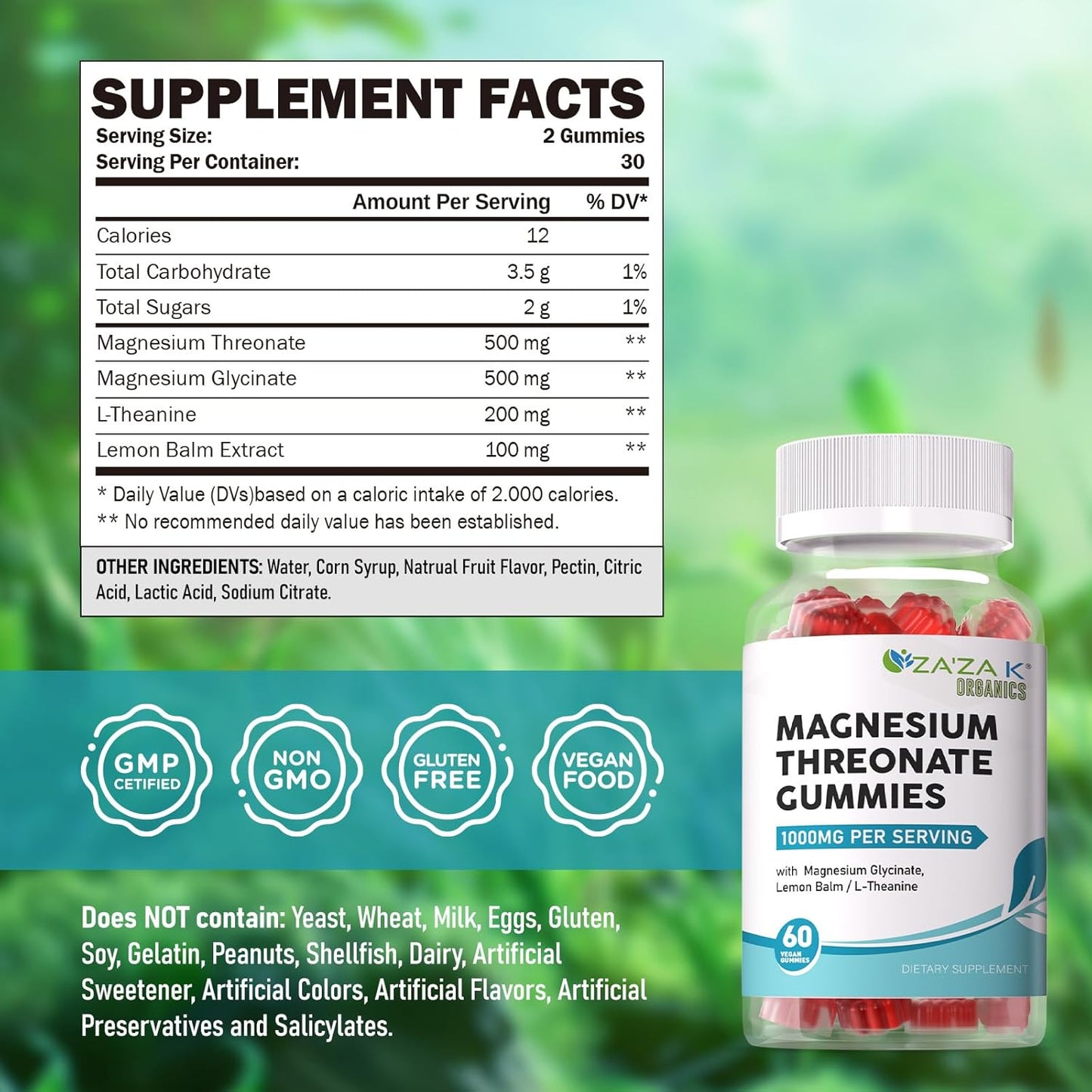 Organic Magnesium Threonate Gummies with L-Theanine & Lemon Balm - 500mg, Brain Health Supplement for Kids & Adults - 60 Count