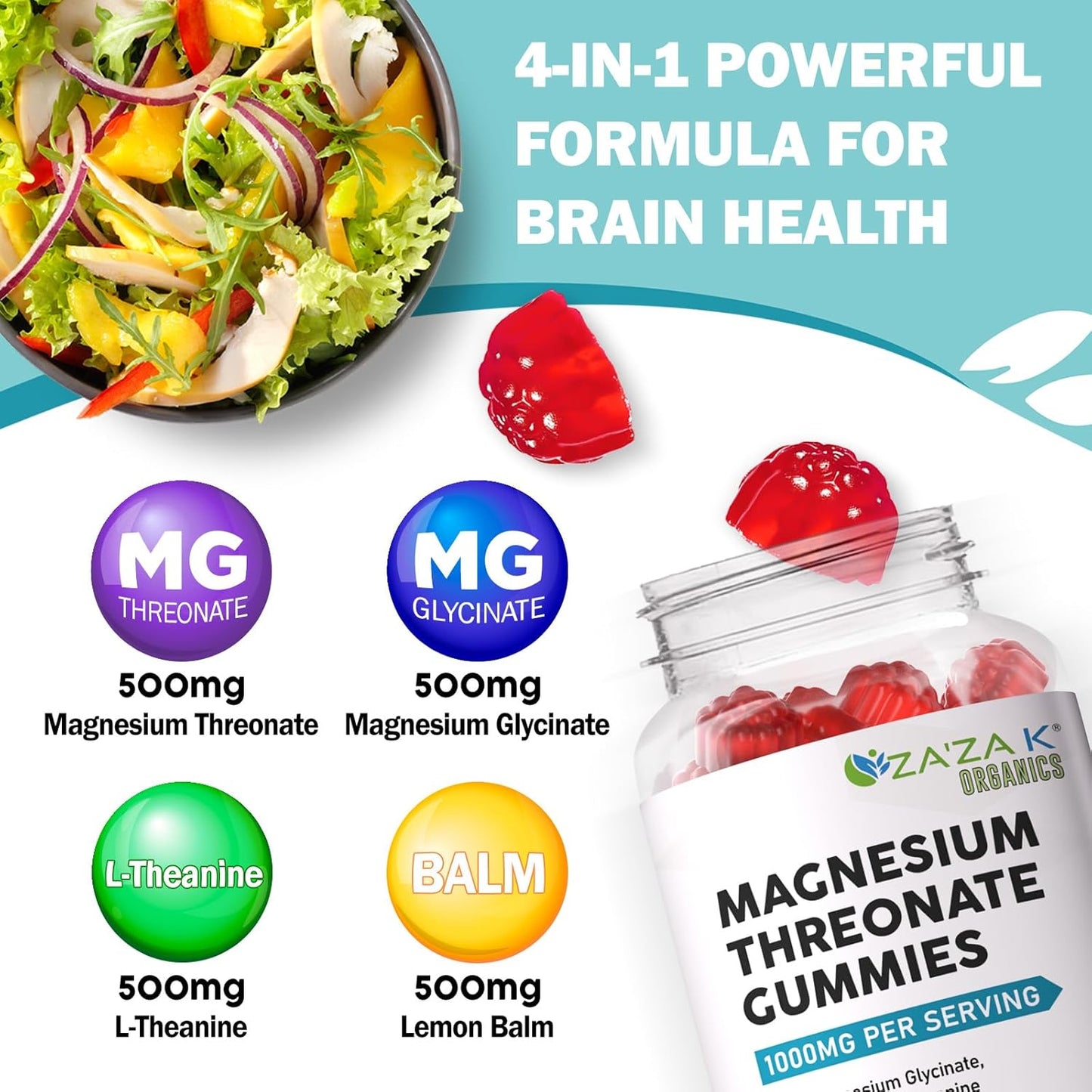 Organic Magnesium Threonate Gummies with L-Theanine & Lemon Balm - 500mg, Brain Health Supplement for Kids & Adults - 60 Count
