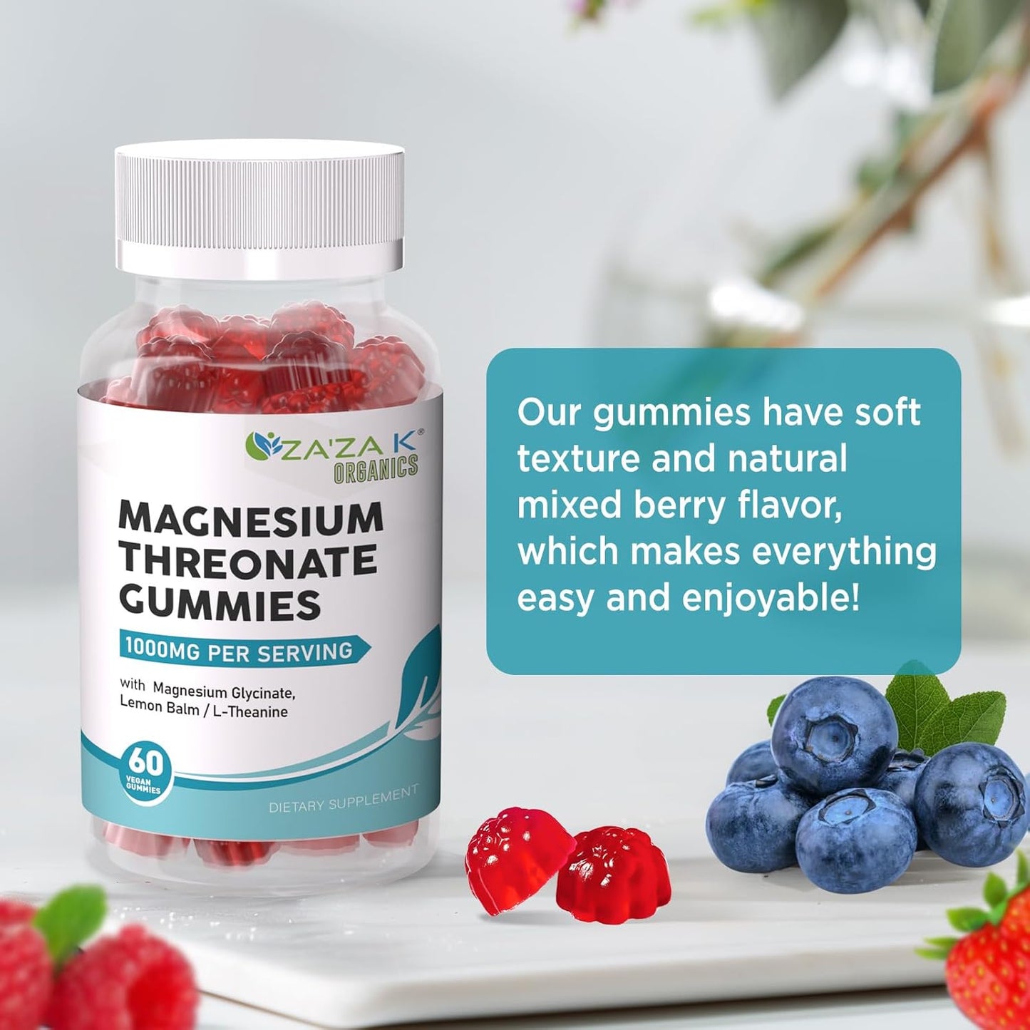 Organic Magnesium Threonate Gummies with L-Theanine & Lemon Balm - 500mg, Brain Health Supplement for Kids & Adults - 60 Count