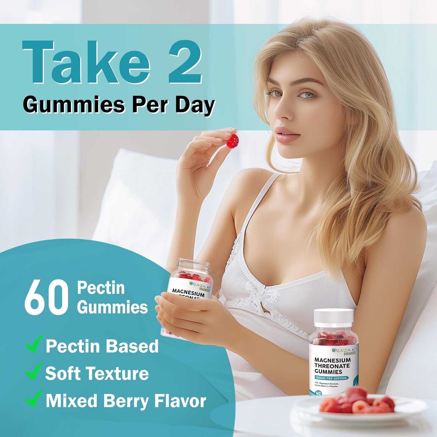 Organic Magnesium Threonate Gummies with L-Theanine & Lemon Balm - 500mg, Brain Health Supplement for Kids & Adults - 60 Count