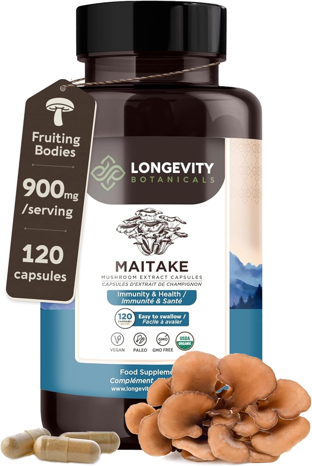 Organic Maitake Mushroom Capsules - Ultra Concentrated Supplement for Balanced Immune System - 100% Fruiting Body - 120 Capsules
