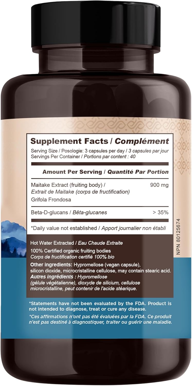 Organic Maitake Mushroom Capsules - Ultra Concentrated Supplement for Balanced Immune System - 100% Fruiting Body - 120 Capsules
