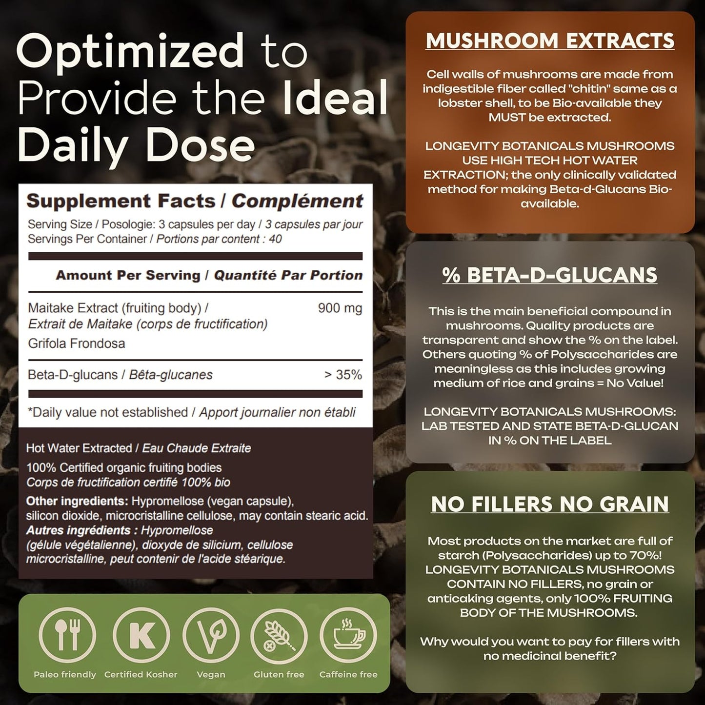Organic Maitake Mushroom Capsules - Ultra Concentrated Supplement for Balanced Immune System - 100% Fruiting Body - 120 Capsules