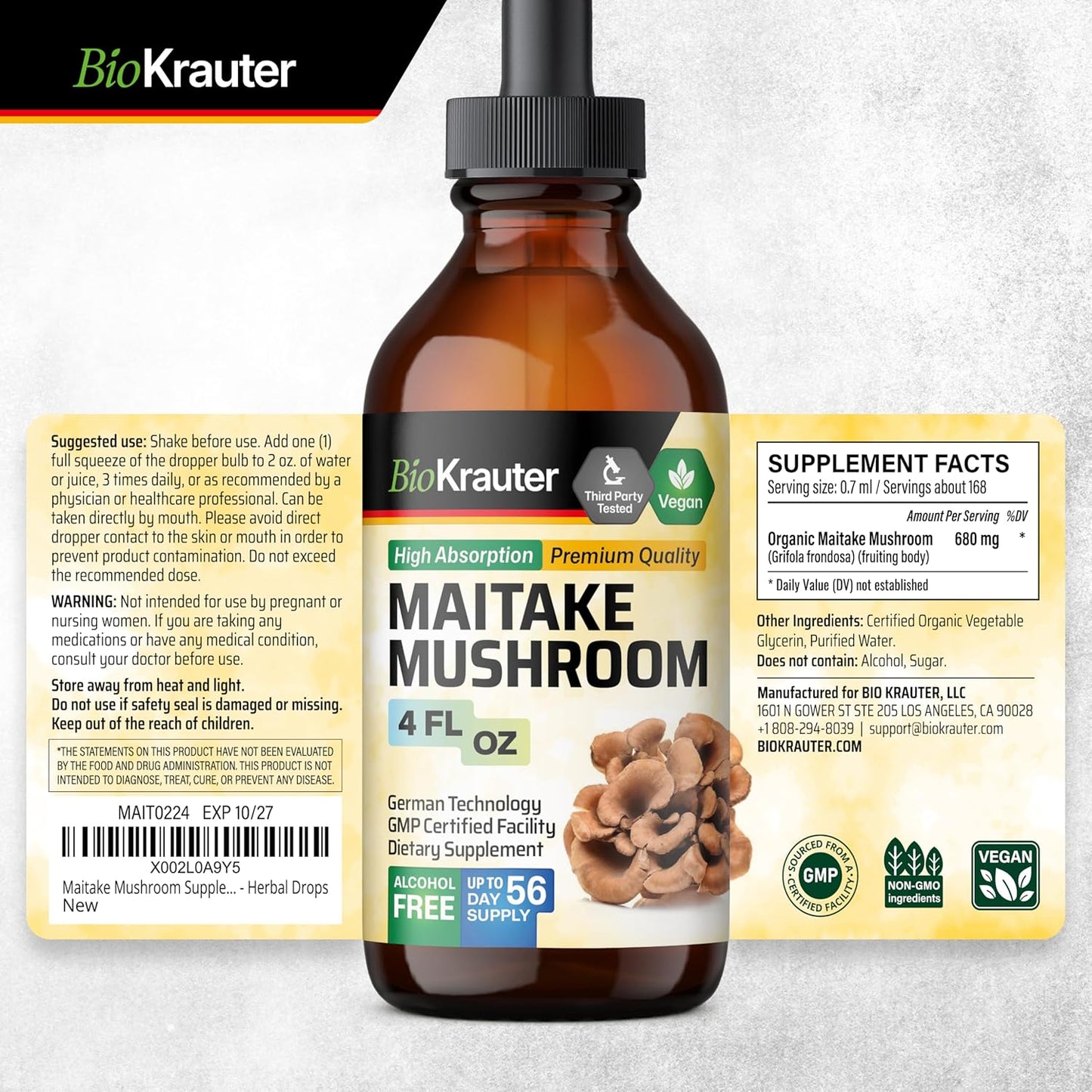 Organic Maitake Mushroom Extract Liquid Supplement for Immune Support - 680mg per Serving - Vegan, Alcohol & Sugar Free - 4 Fl.Oz.