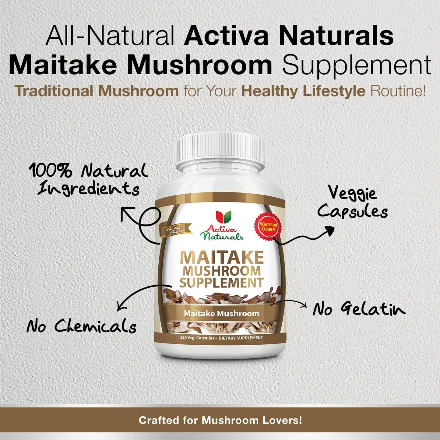 Organic Maitake Mushroom Supplement - 120 Vegetarian Capsules with Grifola Frondosa Mushrooms for Immune Support
