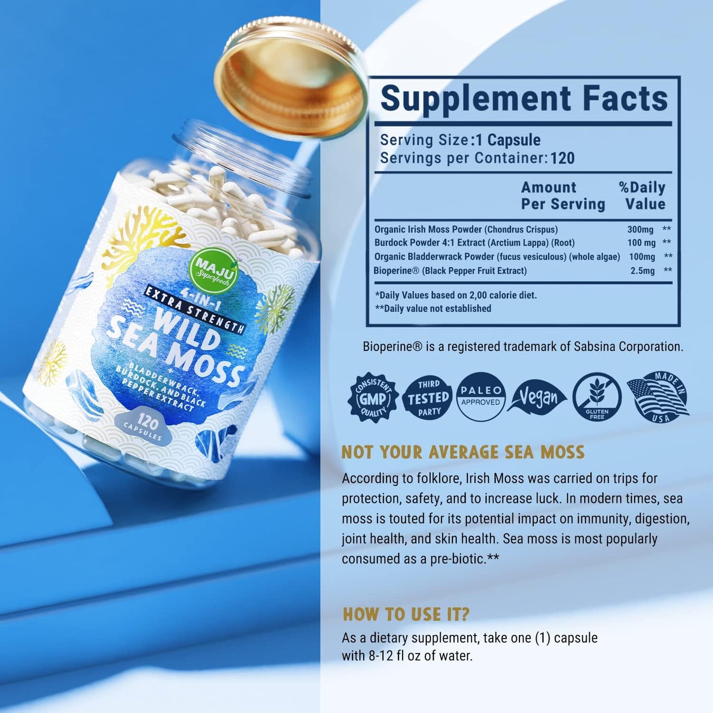 Organic MAJU Wild Irish Sea Moss Capsules with Bladderwrack & Burdock Root - 120 Count - Sebi Inspired - Raw - Seamoss Pills Powder