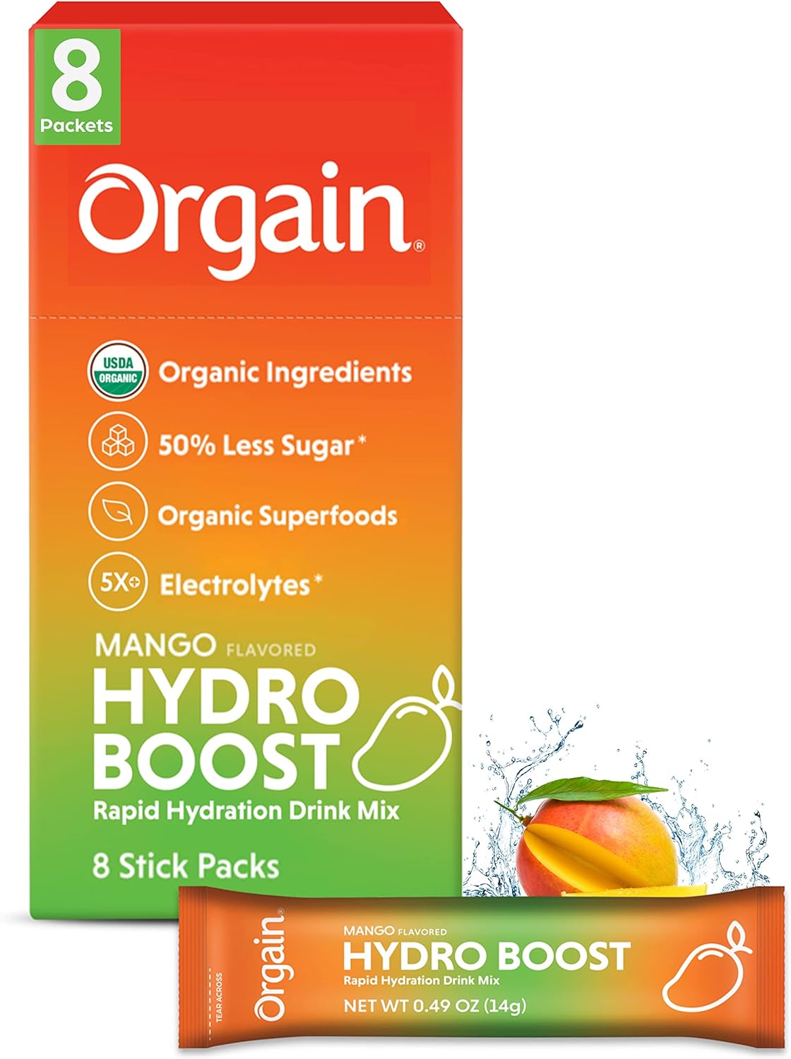 Organic Mango Electrolyte Powder Packets with Superfoods - Vegan, Gluten-Free, Non-GMO, Low Sugar, 8 Count