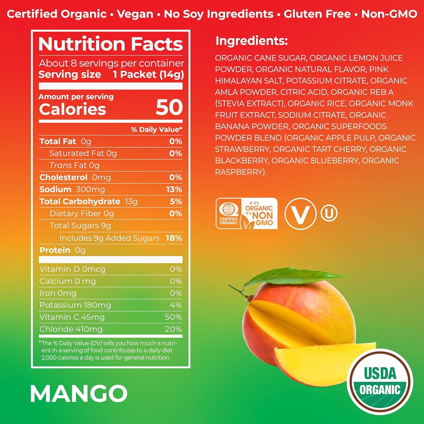 Organic Mango Electrolyte Powder Packets with Superfoods - Vegan, Gluten-Free, Non-GMO, Low Sugar, 8 Count