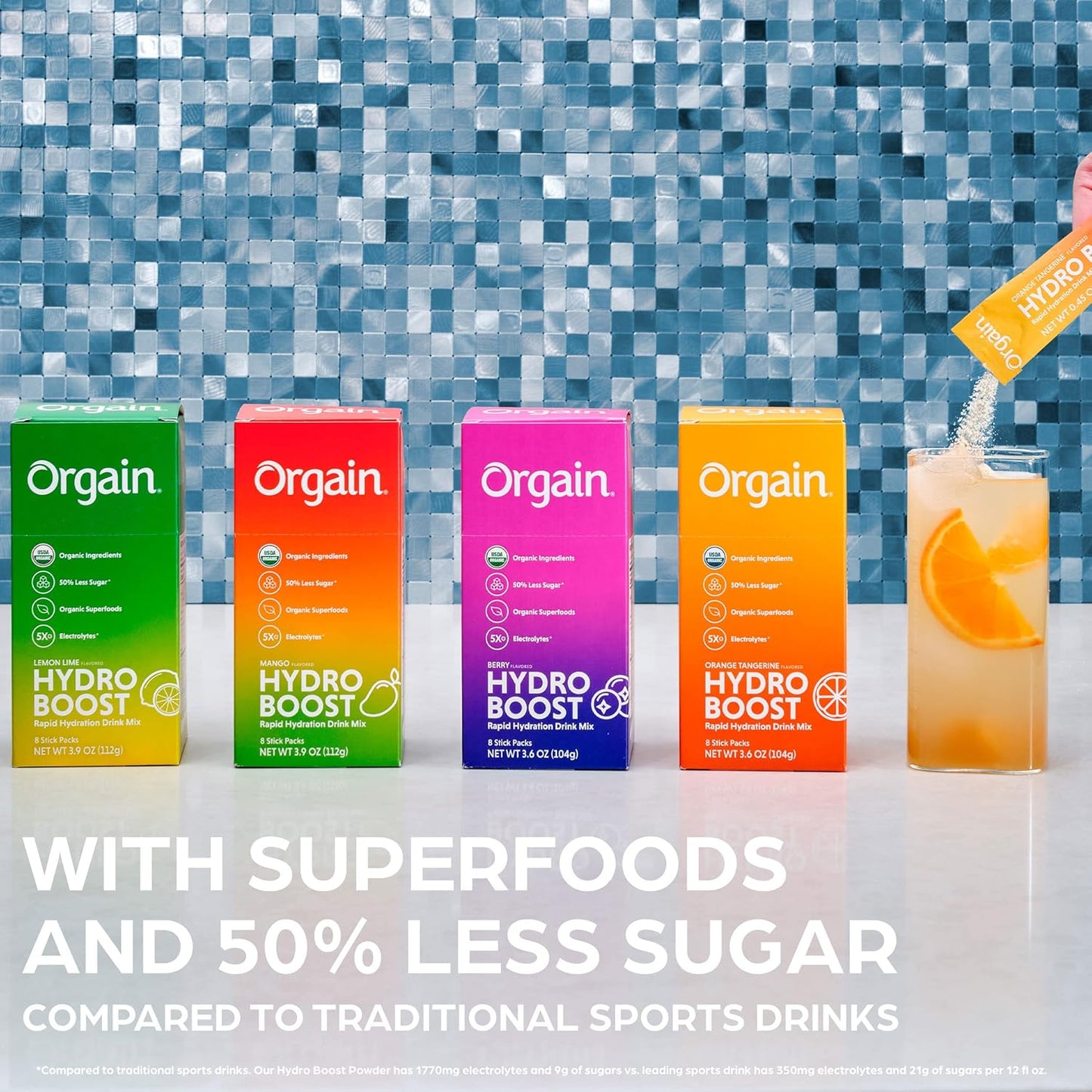 Organic Mango Electrolyte Powder Packets with Superfoods - Vegan, Gluten-Free, Non-GMO, Low Sugar, 8 Count