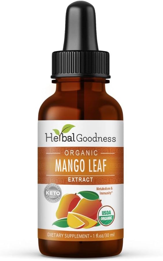 Organic Mango Leaf Extract Liquid - African & Black Mango - for Metabolism, Gut Health, Immunity - Natural Herbal Supplements - 1oz Bottle - Herbal Goodness
