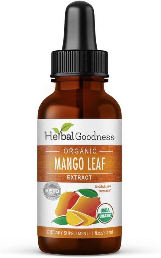 Organic Mango Leaf Extract Liquid - African & Black Mango - for Metabolism, Gut Health, Immunity - Natural Herbal Supplements - 1oz Bottle - Herbal Goodness