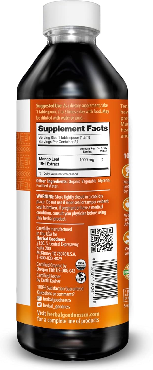 Organic Mango Leaf Extract Liquid - African & Black Mango - for Metabolism, Gut Health, Immunity - Natural Herbal Supplements - 1oz Bottle - Herbal Goodness