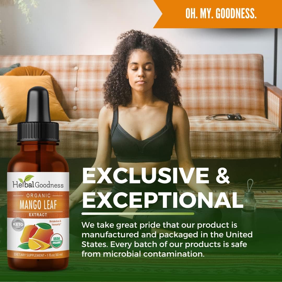Organic Mango Leaf Extract Liquid - African & Black Mango - for Metabolism, Gut Health, Immunity - Natural Herbal Supplements - 1oz Bottle - Herbal Goodness