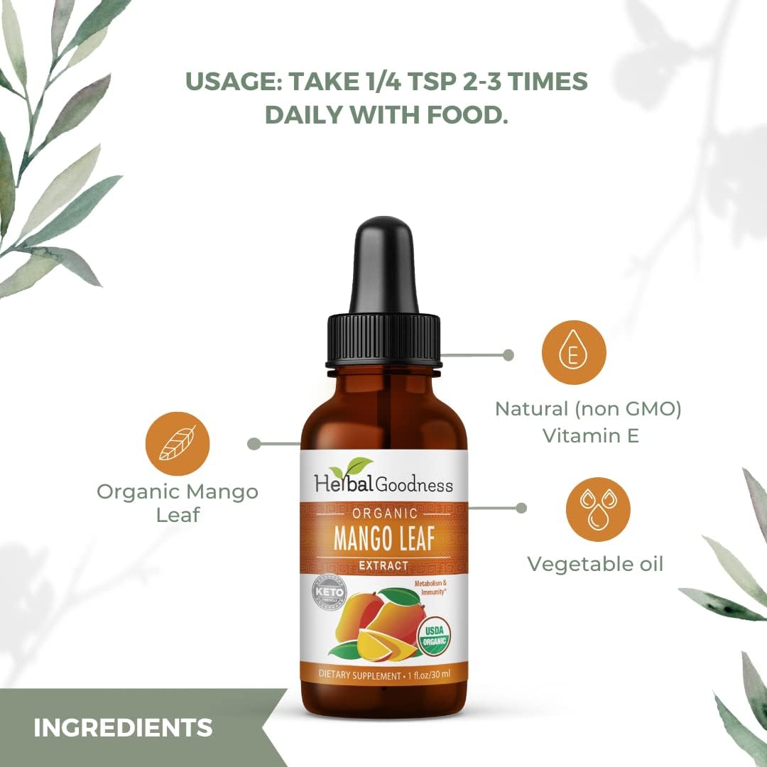 Organic Mango Leaf Extract Liquid - African & Black Mango - for Metabolism, Gut Health, Immunity - Natural Herbal Supplements - 1oz Bottle - Herbal Goodness