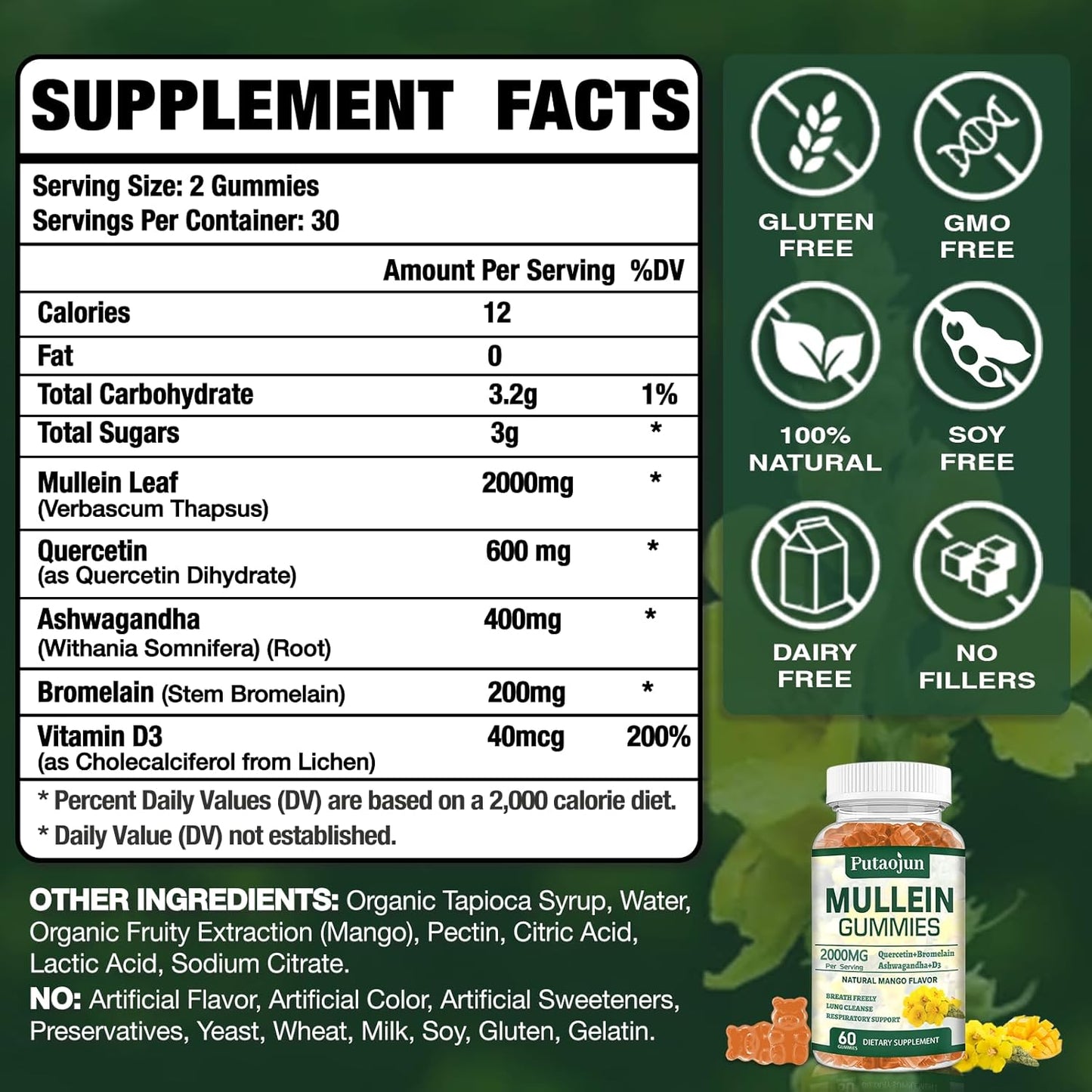 Organic Mango Mullein Gummies for Lung Support | Vegetarian Mullein Supplements | Immune Boosting Mullein Leaf Extract Gummies