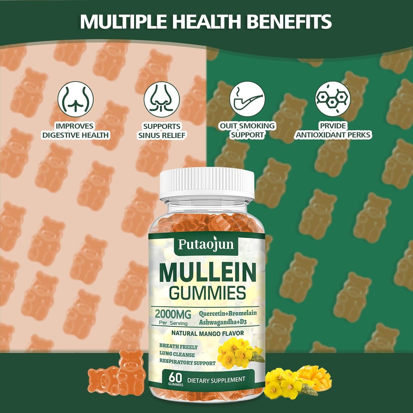 Organic Mango Mullein Gummies for Lung Support | Vegetarian Mullein Supplements | Immune Boosting Mullein Leaf Extract Gummies