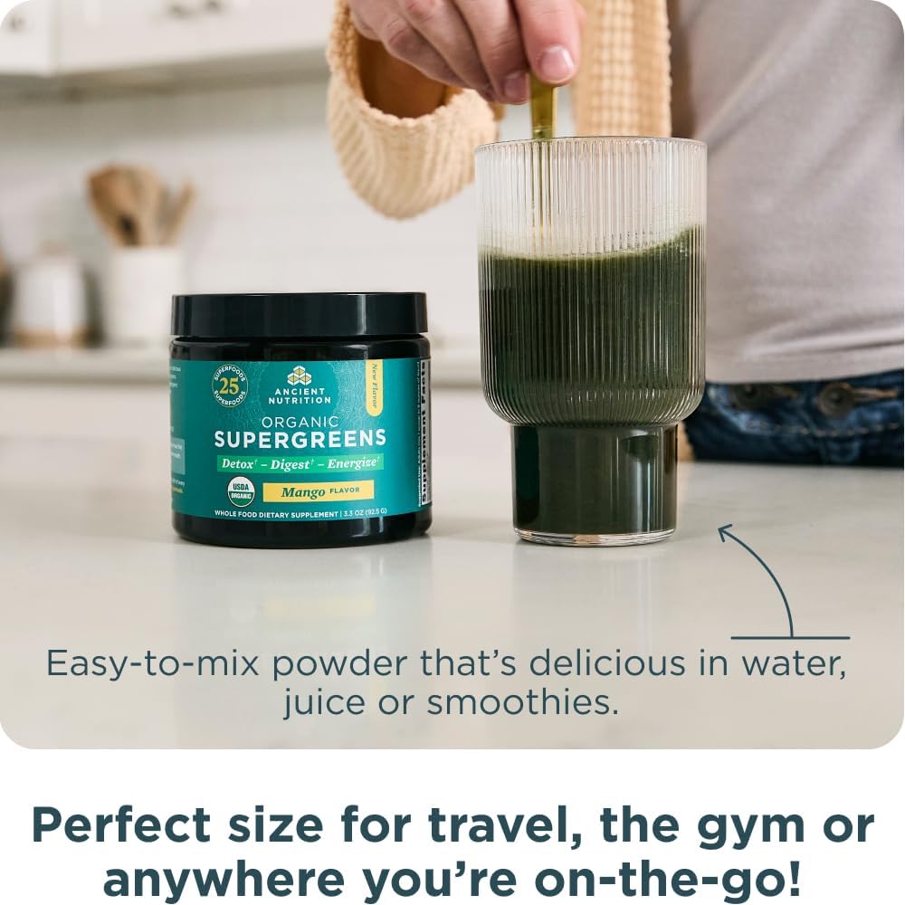 Organic Mango SuperGreens Powder with Probiotics for Digestive and Energy Support - 12 Servings