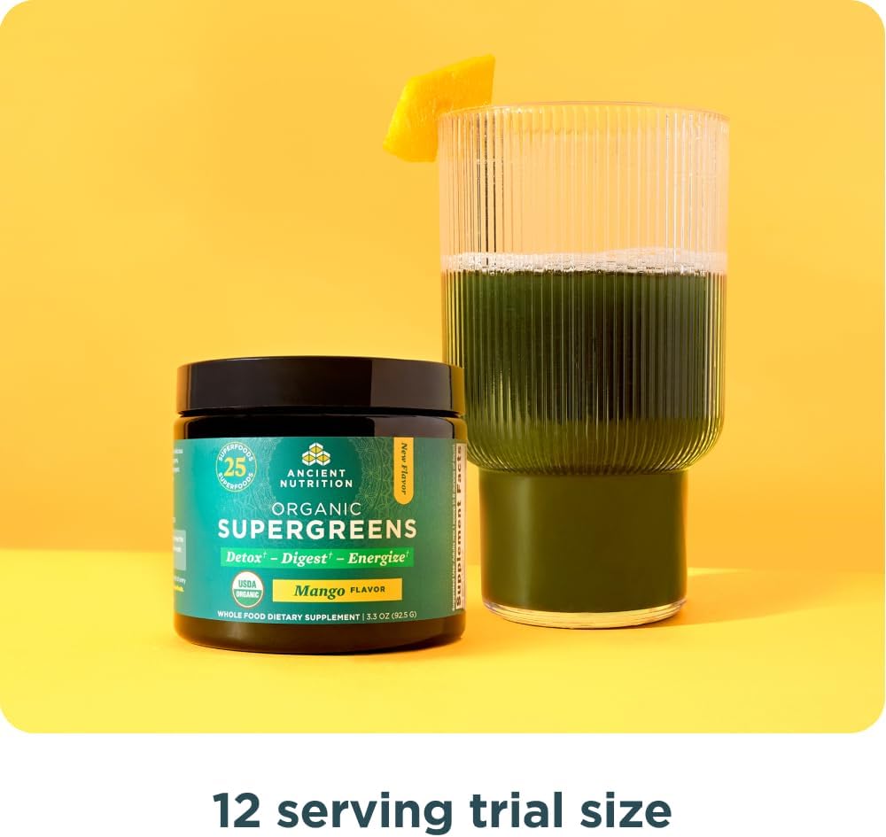 Organic Mango SuperGreens Powder with Probiotics for Digestive and Energy Support - 12 Servings