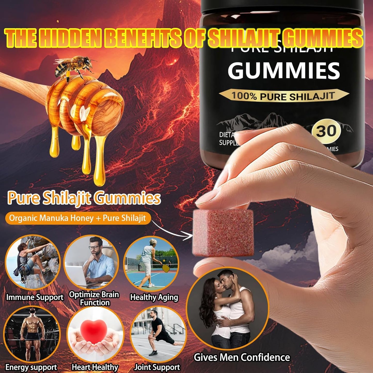 Organic Manuka Honey Sweetened Shilajit Gummies for Men - Pure Himalayan Supplement (30ct)