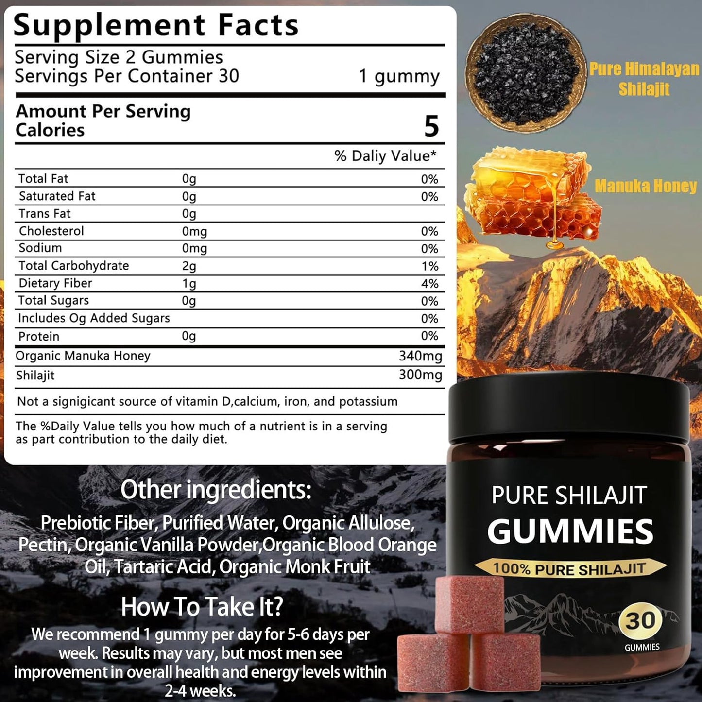 Organic Manuka Honey Sweetened Shilajit Gummies for Men - Pure Himalayan Supplement (30ct)