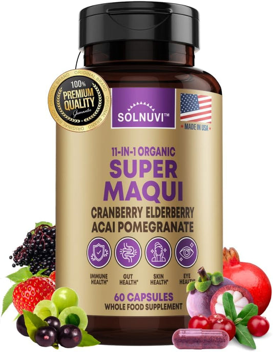 Organic Maqui Berry Capsules with Superfood Powder - Elderberry, Cranberry, Pomegranate, Acai - Supports Dry Eyes, Gut Health, and Skin - 60 Vegan Capsules, Non GMO, Gluten Free