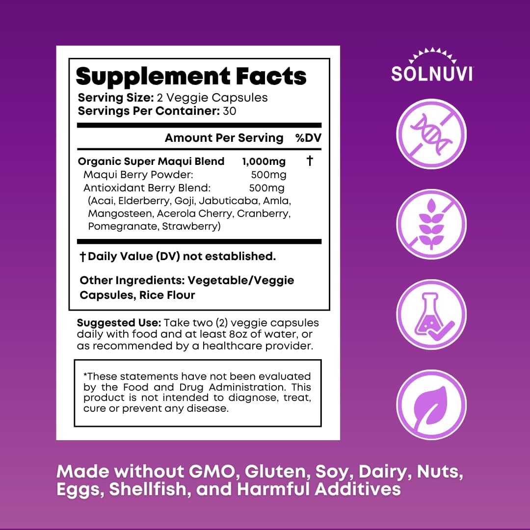 Organic Maqui Berry Capsules with Superfood Powder - Elderberry, Cranberry, Pomegranate, Acai - Supports Dry Eyes, Gut Health, and Skin - 60 Vegan Capsules, Non GMO, Gluten Free