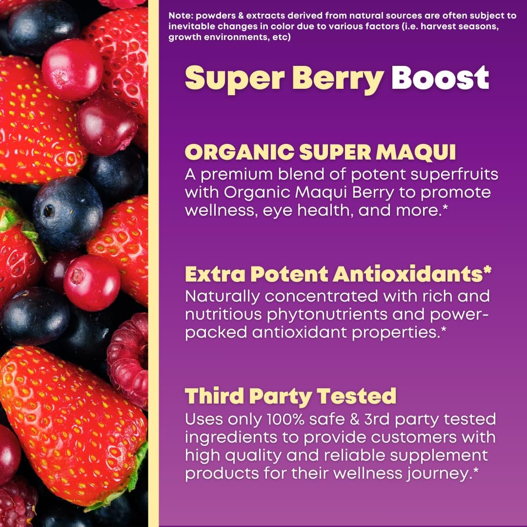 Organic Maqui Berry Capsules with Superfood Powder - Elderberry, Cranberry, Pomegranate, Acai - Supports Dry Eyes, Gut Health, and Skin - 60 Vegan Capsules, Non GMO, Gluten Free