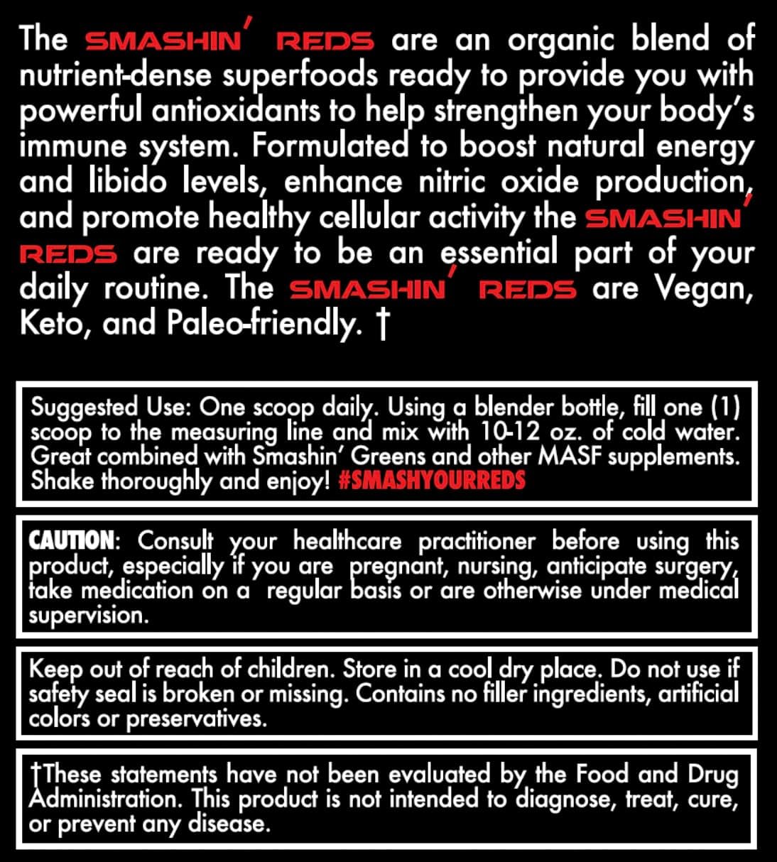 Organic MASF Smashin' Reds Superfood Blend for Digestive Health, Energy, and Endurance - NSF Sport Certified with Beet Root, Maca, Turmeric, Ginger, Acai for Nitric Oxide Production