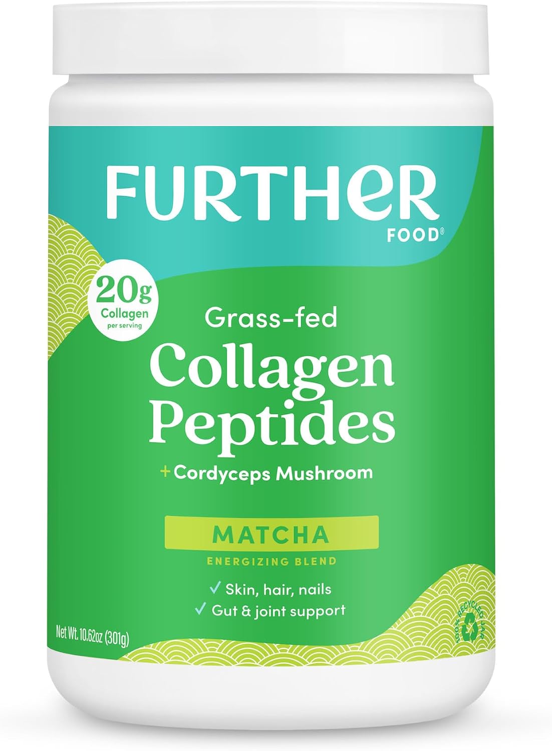 Organic Matcha Collagen Peptides Powder with Cordyceps - Boost Energy, Immunity, & Gut Health - 10.62 oz