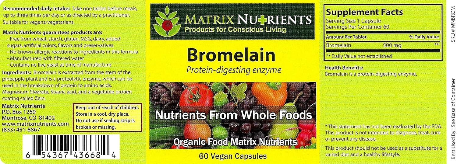 Organic Matrix Nutrients BROMELAIN Capsules - 100% Vegan Protein-Digesting Enzyme for Improved Digestion (60ct)