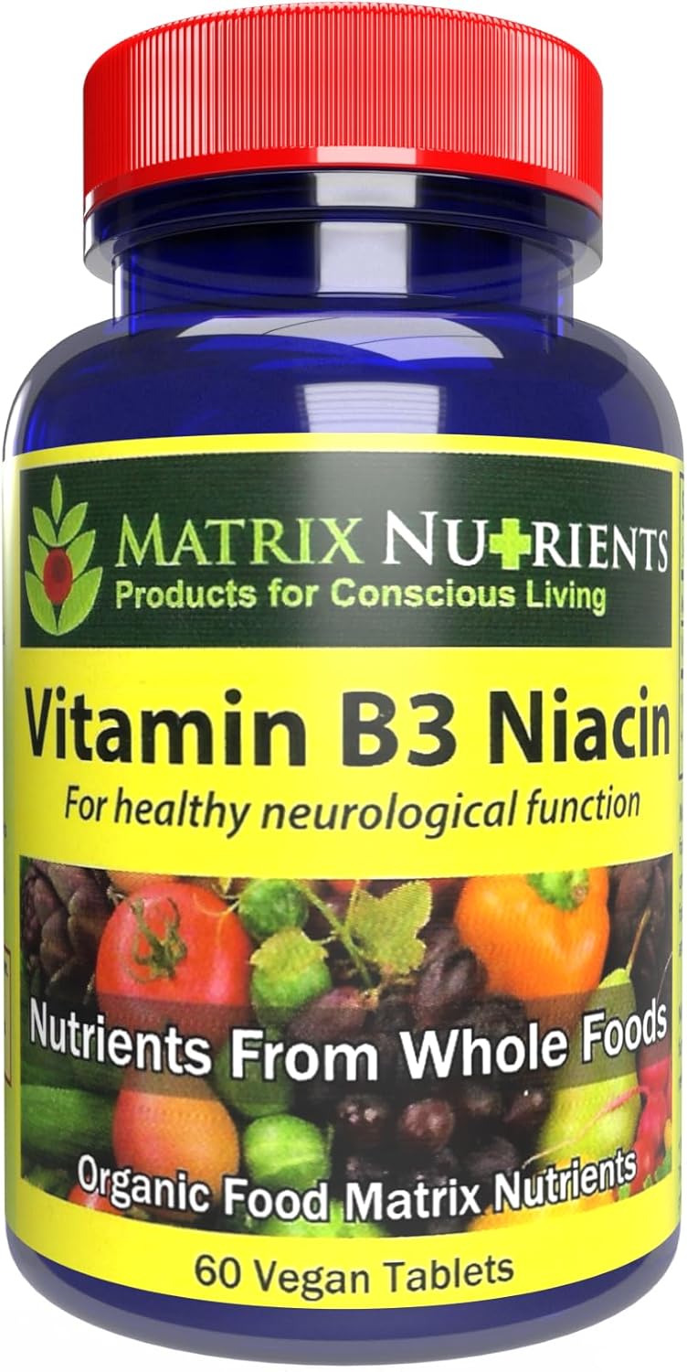 Organic Matrix Nutrients Vitamin B3 Niacin Tablets - Supports Digestion, Heart, and Immune System - Enhances Brain Function, Energy, and Reduces Stress - Vegan Formula (60ct)