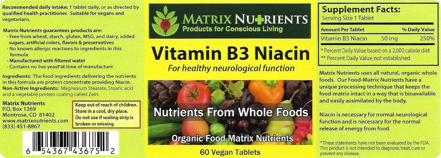Organic Matrix Nutrients Vitamin B3 Niacin Tablets - Supports Digestion, Heart, and Immune System - Enhances Brain Function, Energy, and Reduces Stress - Vegan Formula (60ct)