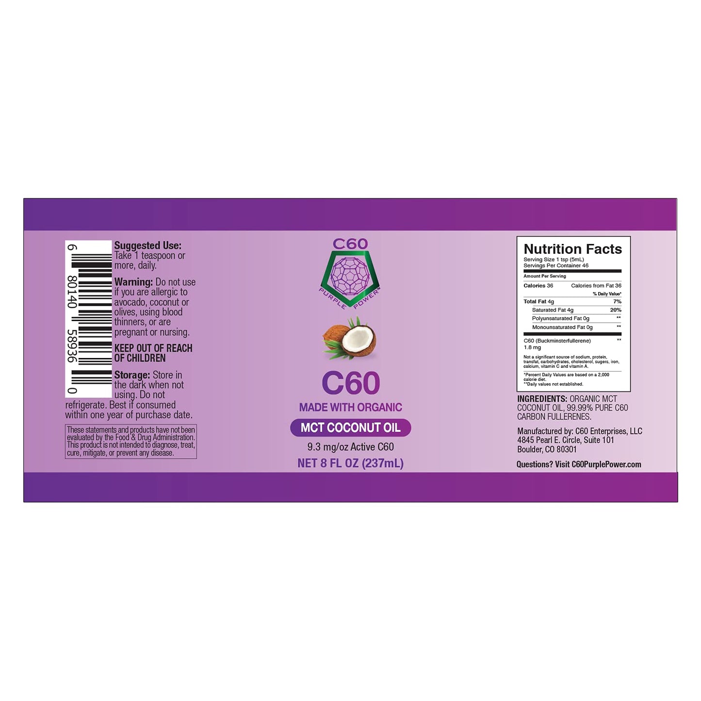 Organic MCT Coconut Oil with C60 - 8 oz for Optimal Mitochondrial Function and Reduced Oxidative Stress