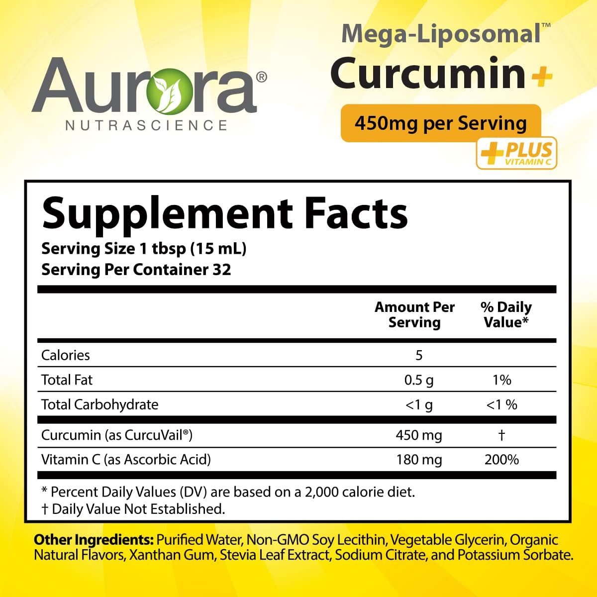 Organic Mega-Liposomal Curcumin + Vitamin C for Healthy Joints, Muscles, GI Tract & Brain - 16 fl oz Bottle, Non-GMO