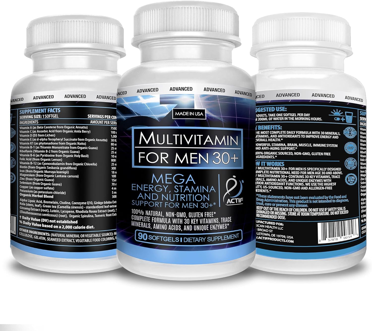 Organic Men's Multivitamin Age 30+ with 30 Vitamins & Herbs, Non-GMO, Made in USA - 90 Count