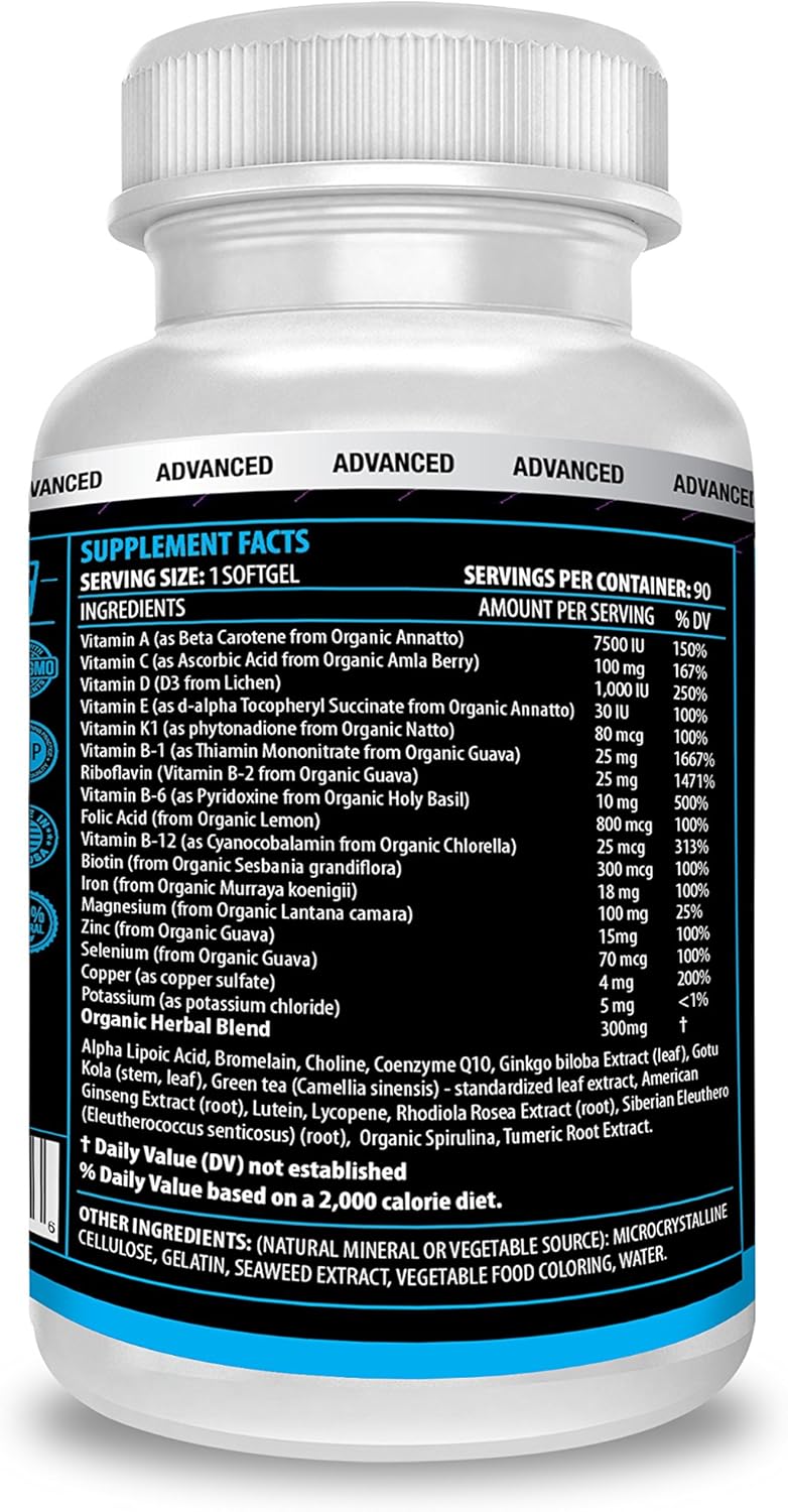 Organic Men's Multivitamin Age 30+ with 30 Vitamins & Herbs, Non-GMO, Made in USA - 90 Count