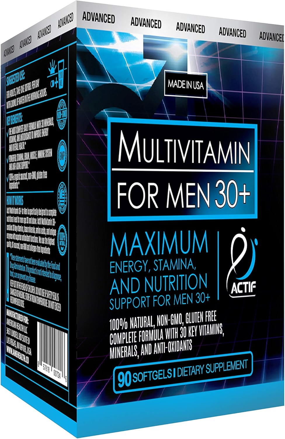 Organic Men's Multivitamin Age 30+ with 30 Vitamins & Herbs, Non-GMO, Made in USA - 90 Count