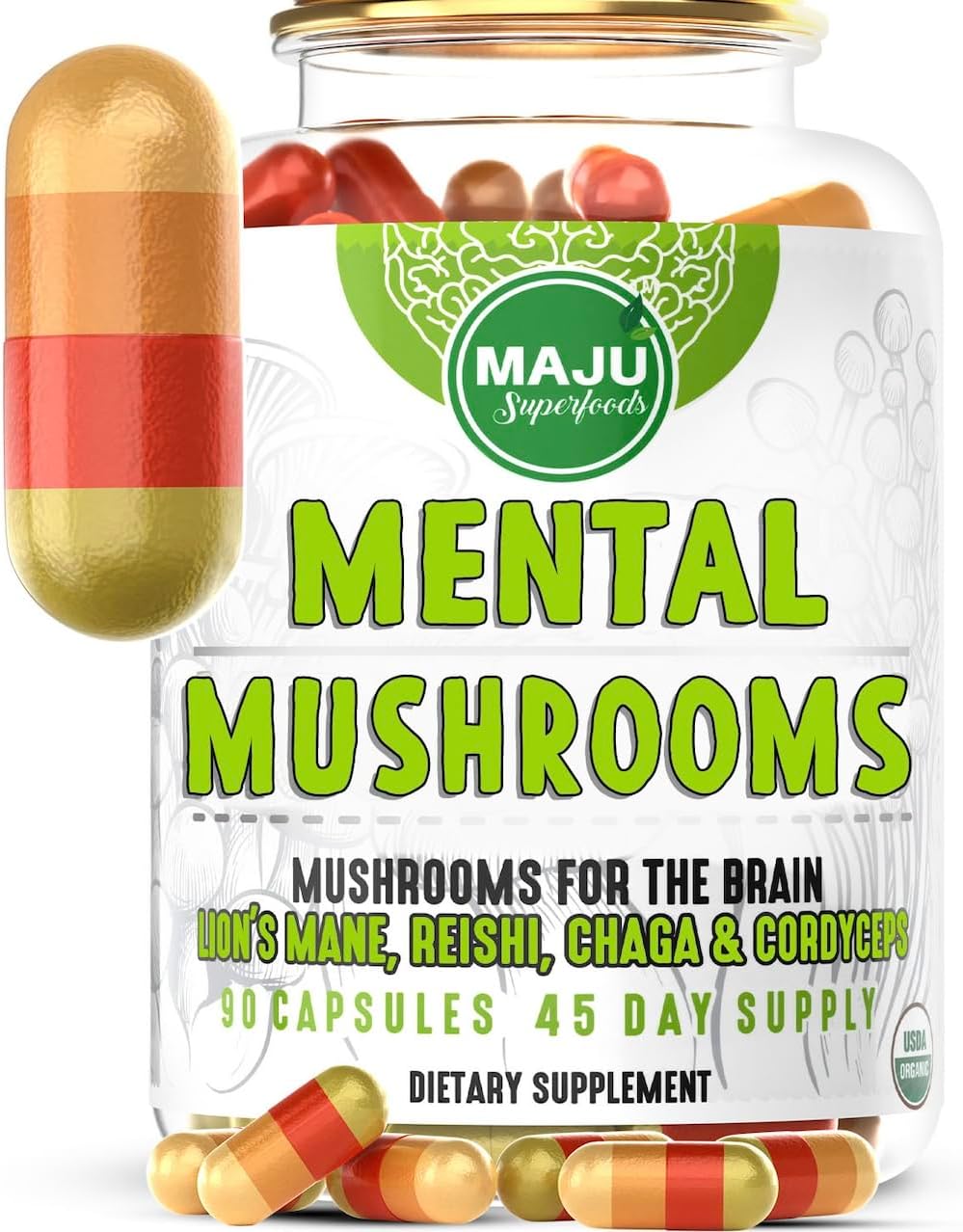 Organic Mental Mushroom Capsules with Lion's Mane, Cordyceps, Reishi, Chaga - Boost Focus, Energy, Wellness, Immune System - Nootropic Mushrooms - 90ct