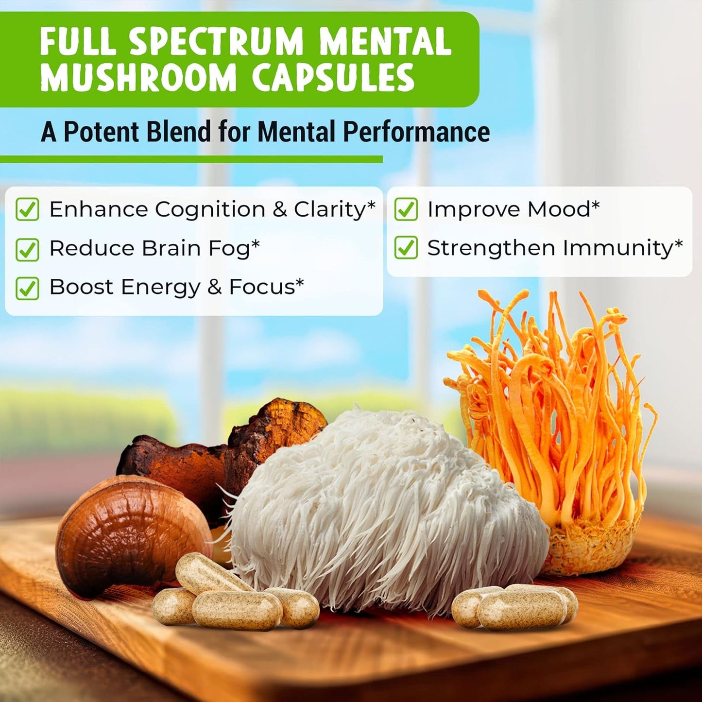 Organic Mental Mushroom Capsules with Lion's Mane, Cordyceps, Reishi, Chaga - Boost Focus, Energy, Wellness, Immune System - Nootropic Mushrooms - 90ct