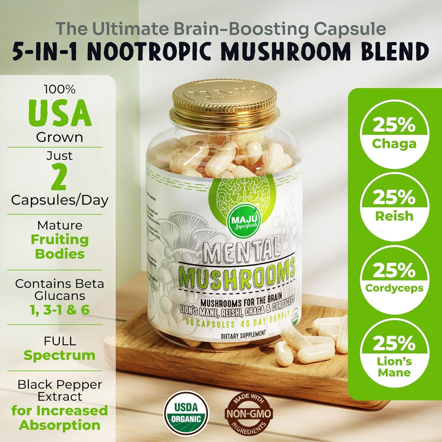 Organic Mental Mushroom Capsules with Lion's Mane, Cordyceps, Reishi, Chaga - Boost Focus, Energy, Wellness, Immune System - Nootropic Mushrooms - 90ct
