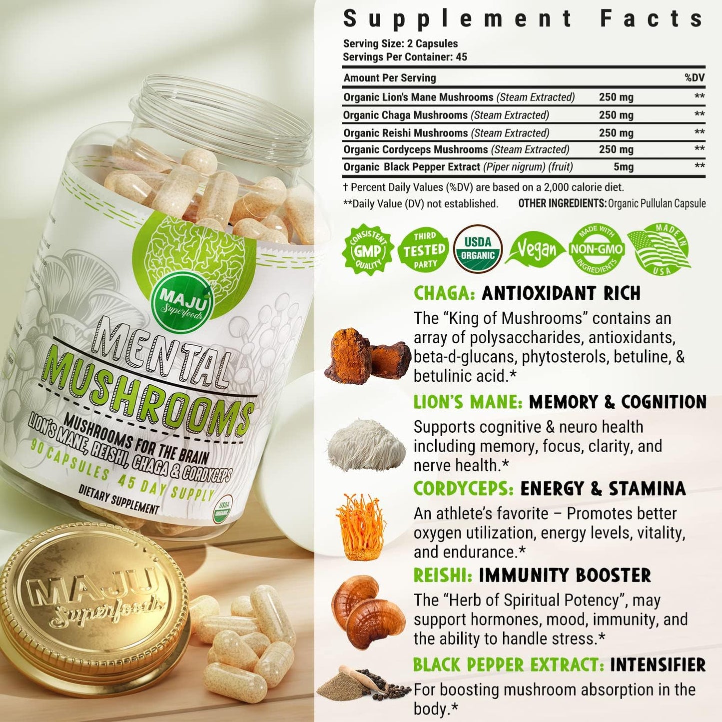Organic Mental Mushroom Capsules with Lion's Mane, Cordyceps, Reishi, Chaga - Boost Focus, Energy, Wellness, Immune System - Nootropic Mushrooms - 90ct