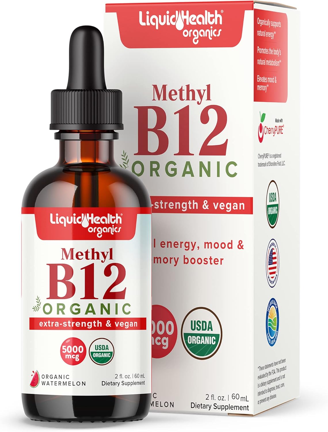 Organic Methyl B12 5000mcg Vitamin Drops with Tart Cherry Juice for Improved Memory, Concentration, and Immune Support