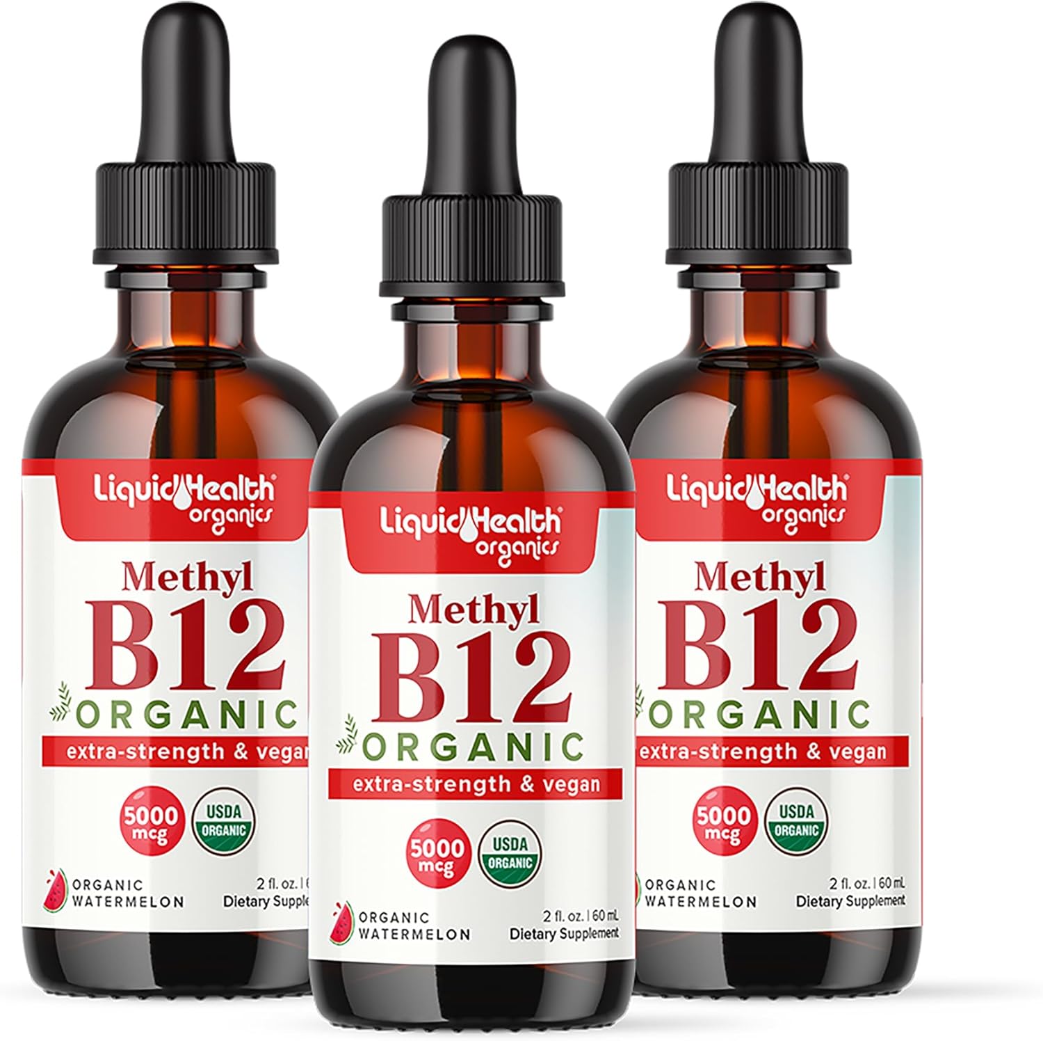Organic Methyl Vitamin B12 Liquid Drops for Energy Boost and Memory Improvement - Vegan Sublingual Formula - 2 Fl Oz (3 Pack)