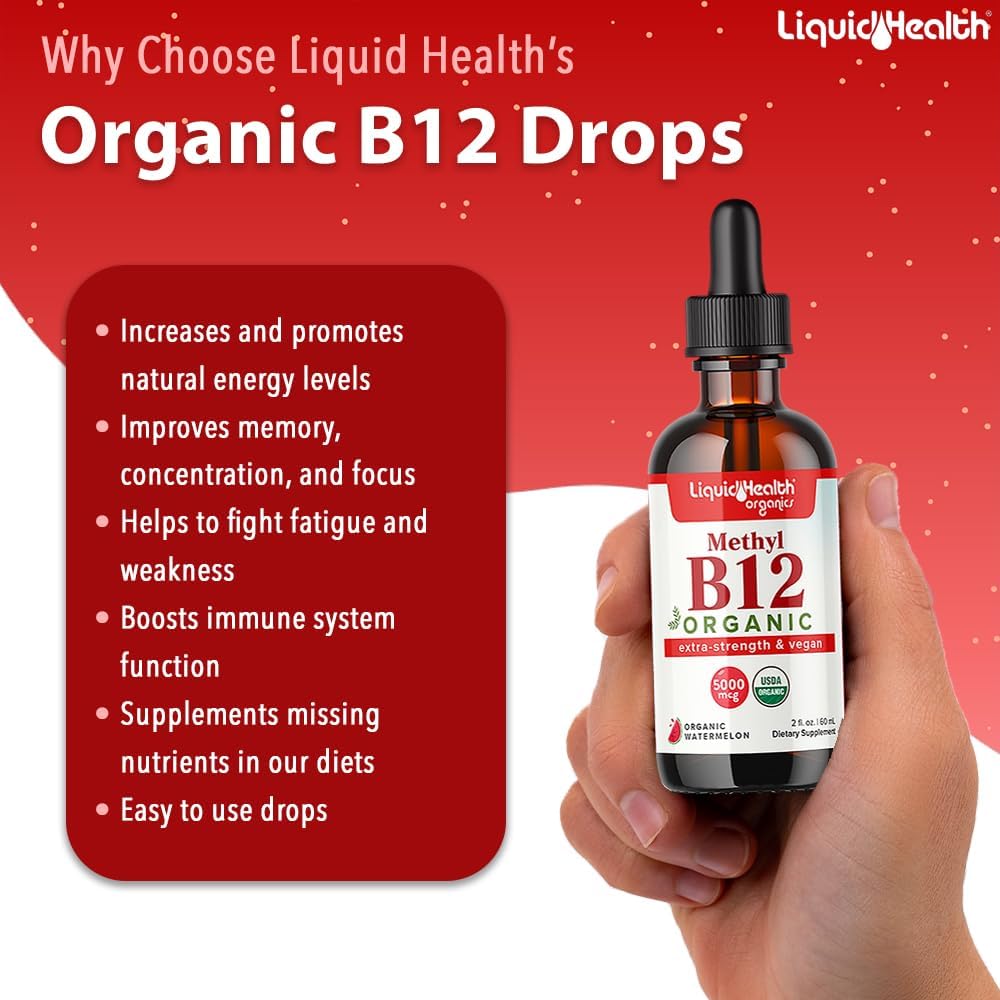 Organic Methyl Vitamin B12 Liquid Drops for Energy Boost and Memory Improvement - Vegan Sublingual Formula - 2 Fl Oz (3 Pack)