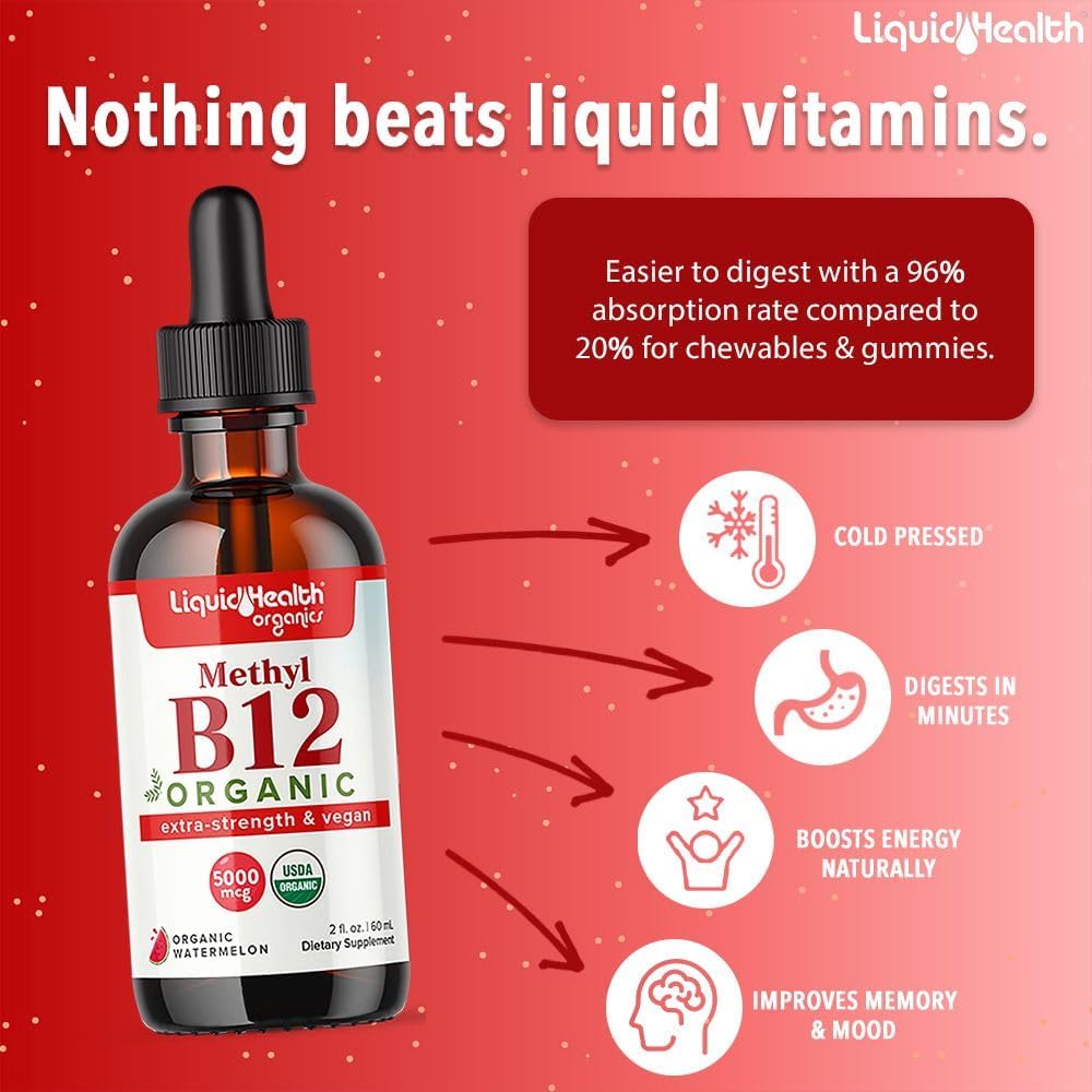 Organic Methyl Vitamin B12 Liquid Drops with Tart Cherry Juice - Energy Boost, Immune Support, Memory & Concentration - Vegan, Sugar Free, Non-GMO - 2 Pack