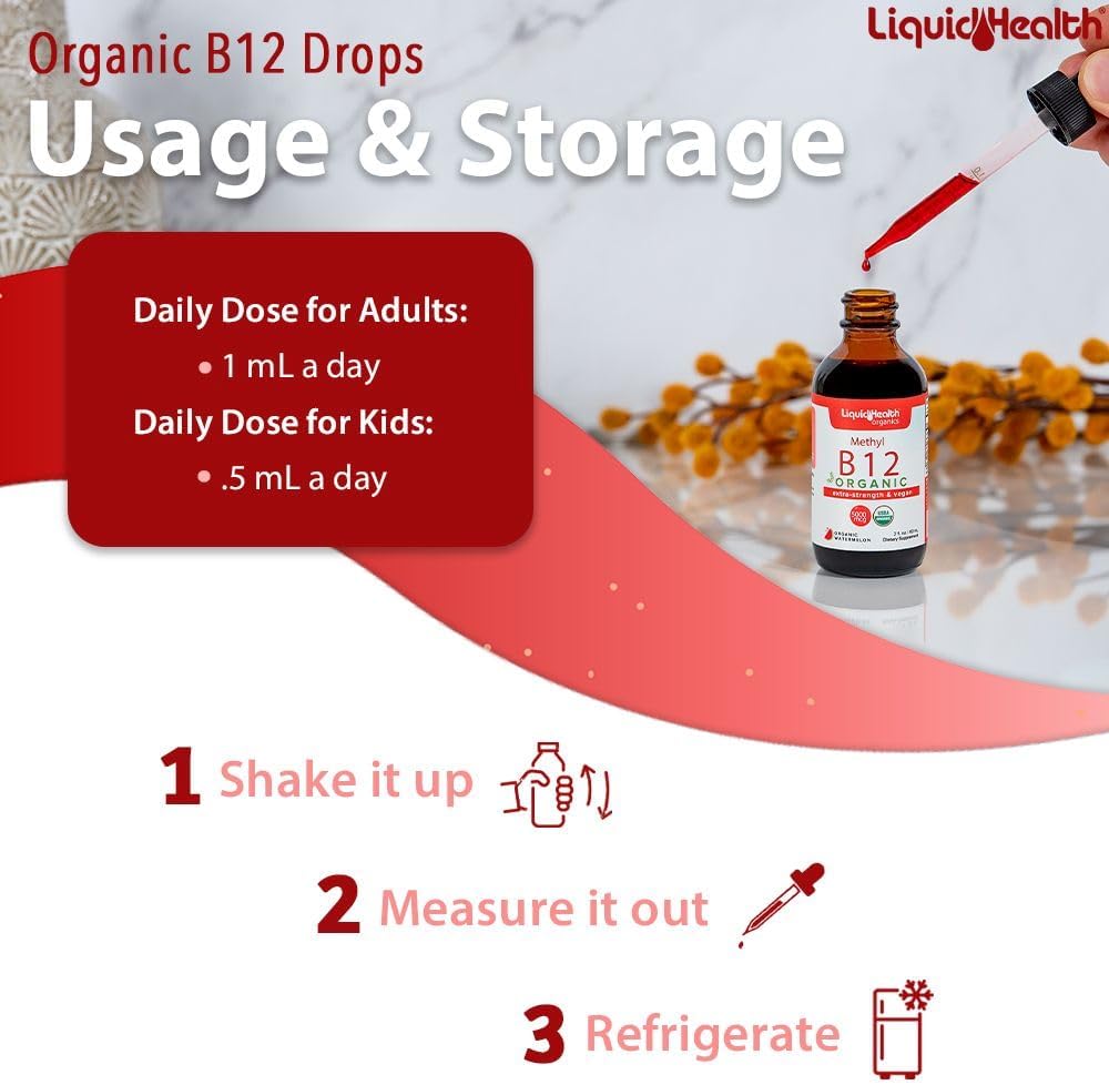 Organic Methyl Vitamin B12 Liquid Drops with Tart Cherry Juice - Energy Boost, Immune Support, Memory & Concentration - Vegan, Sugar Free, Non-GMO - 2 Pack
